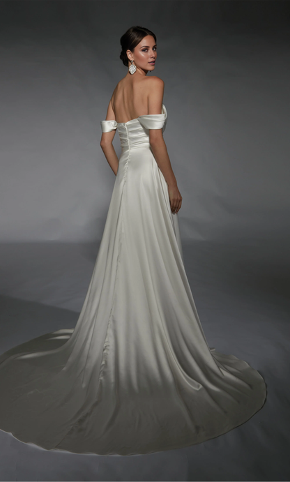 Perfect satin off shoulder straight tube backless slit trailing skirt wedding dress