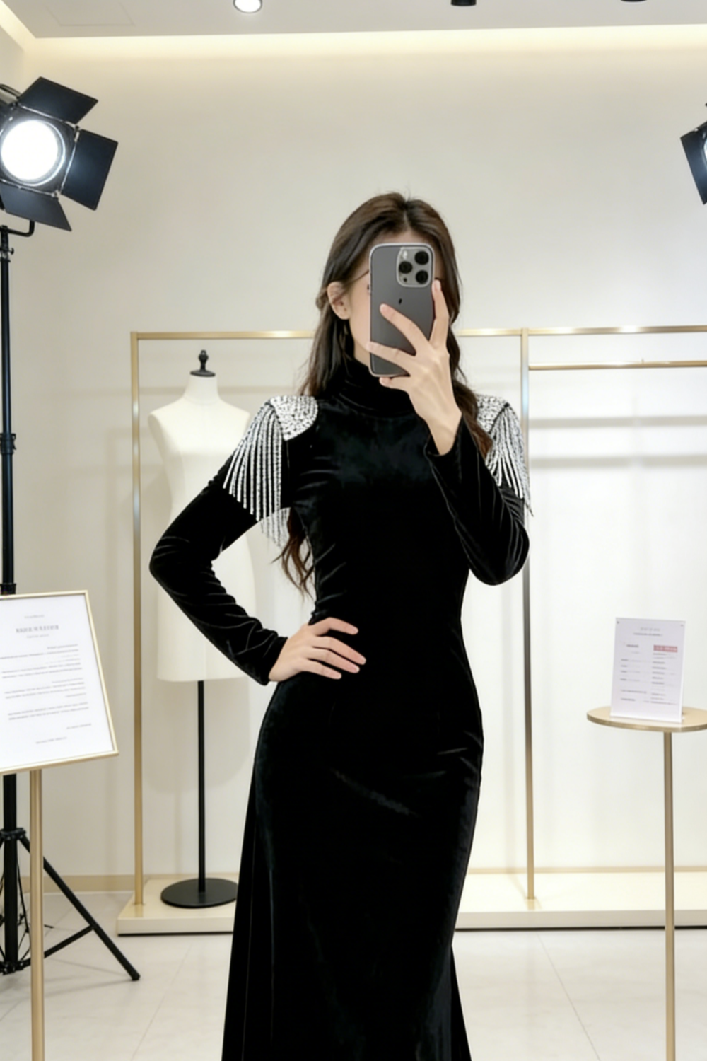 Velvet Crystal Fringe Slim Maxi Dress - High Neck Long Sleeve Party Statement Gown gh6972