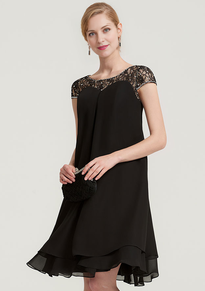 A-linePrincess Bateau Short Sleeve Knee-Length Chiffon Mother of the Bride Dress With Beading Ruffles Short