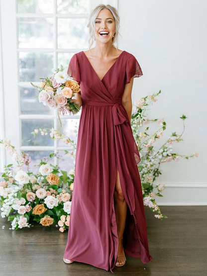 A-Line V-Neck Short Sleeve Floor-Length Zipper Chiffon Burgundy Wedding Party Dress formal dresses evening gown Bridesmaid Dress
