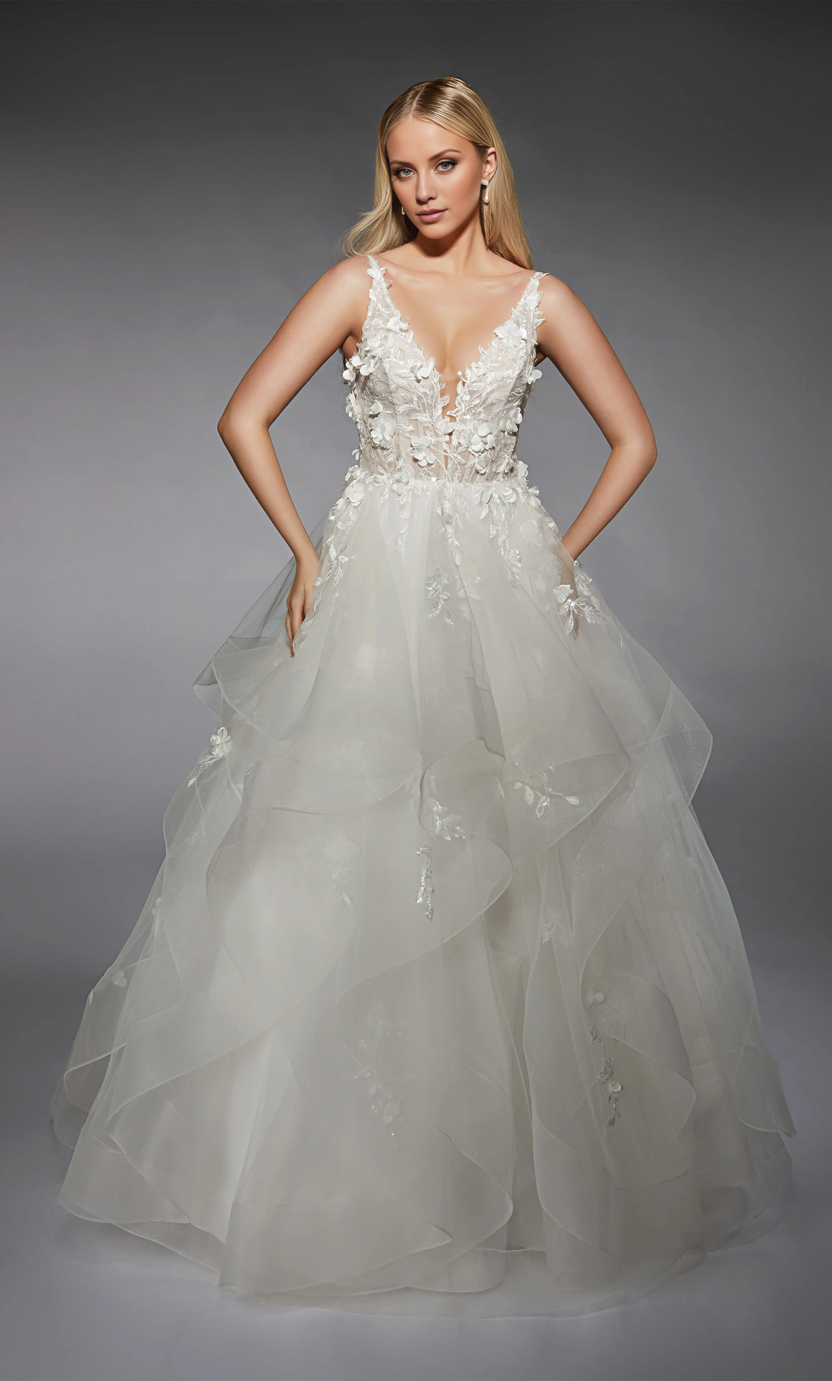 Chiffon lace deep V-neck backless 3D floral lace applique ruffle edge wedding dress