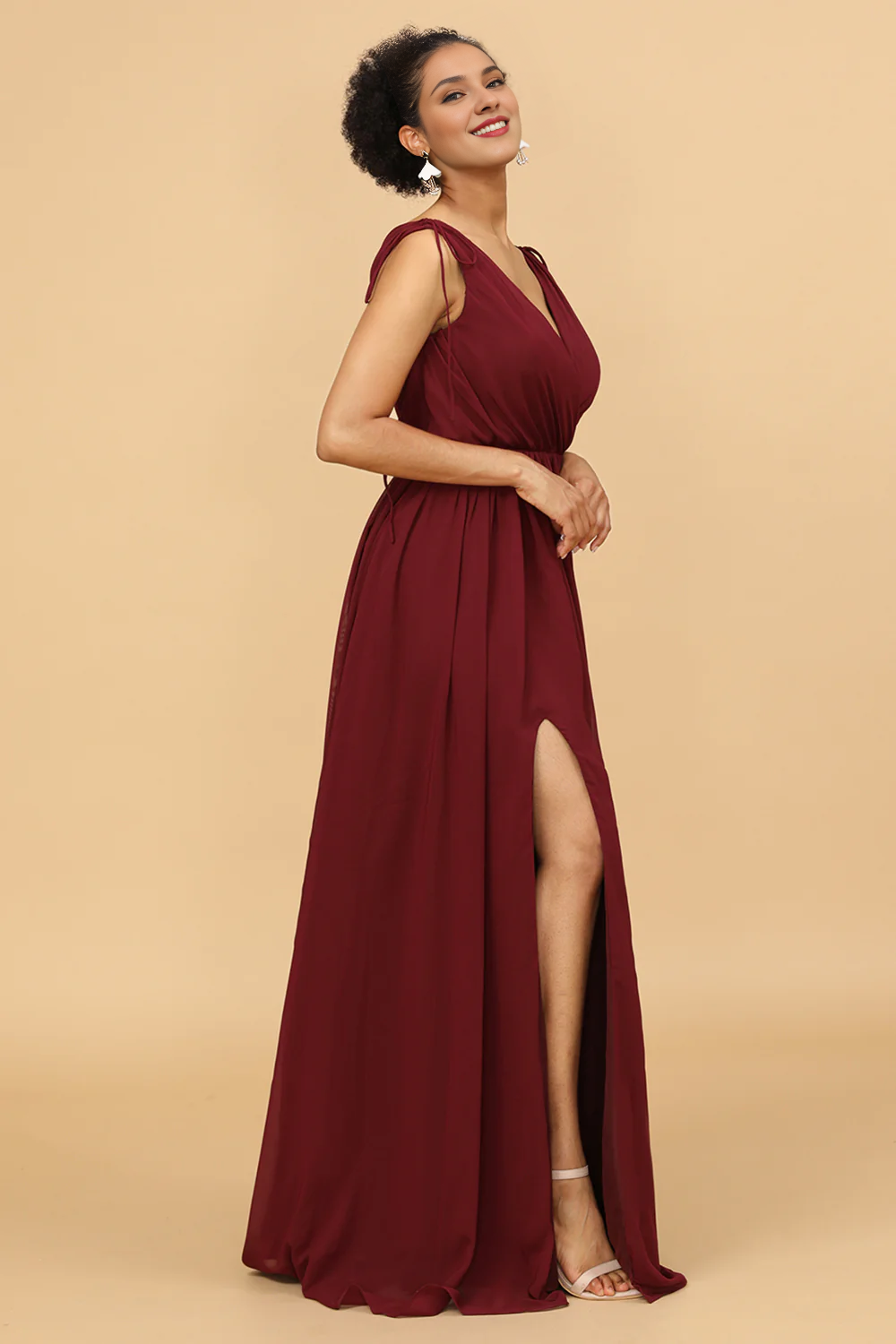 Wine red V-neck pleated long chiffon bridesmaid dress