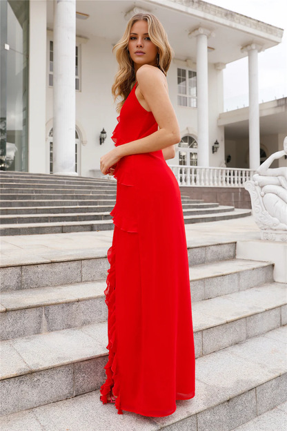 Jimiss V-neck slim shoulder strap with backless pleats and floor length Prom dress