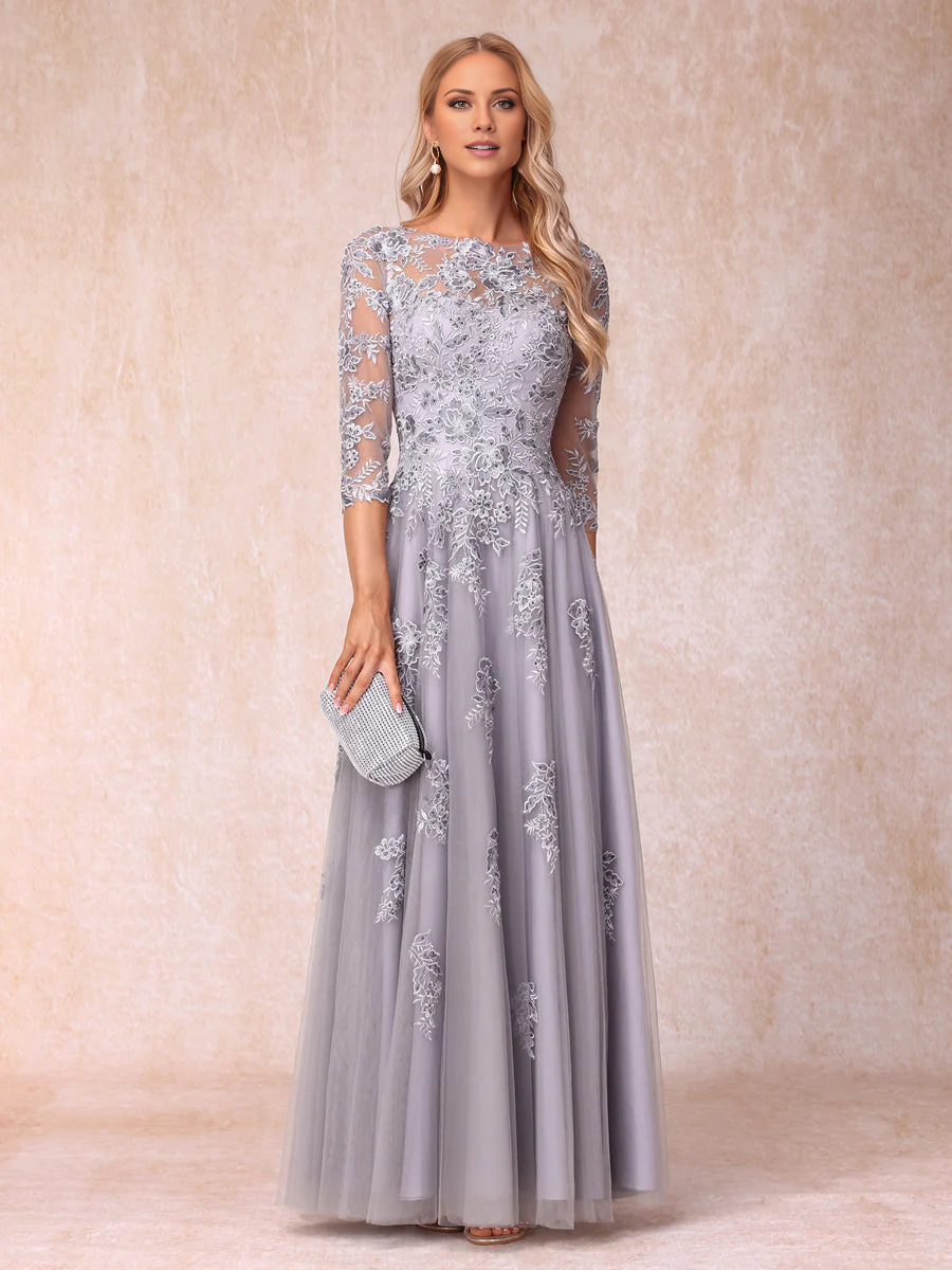 A-line princess transparent collar half sleeve long style adorned with bead and decal mother of the bride dress
