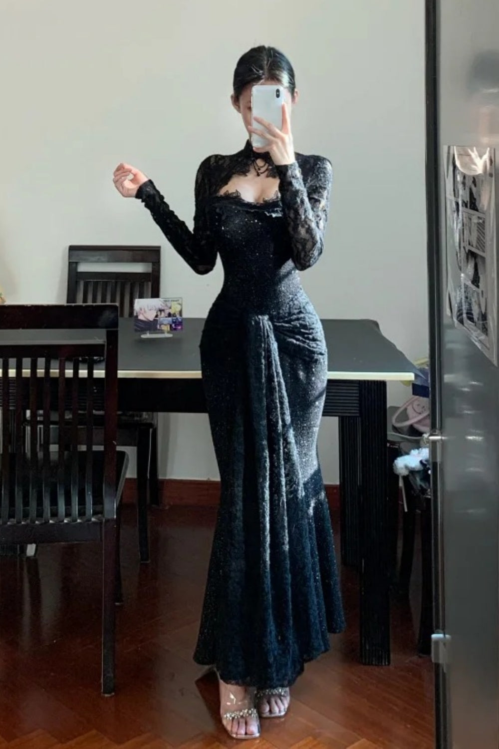 Black long sleeved exquisite lace long elegant Prom dress graduation formal dress gh6629