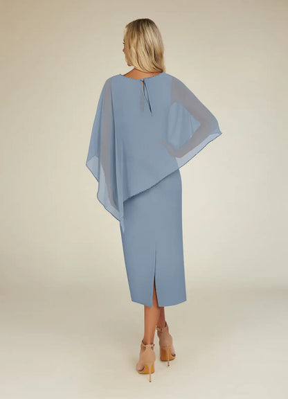 Sheath Sequins Crew Neck Chiffon Dusty Blue formal dresses evening dress Mother of the Bride Dresses
