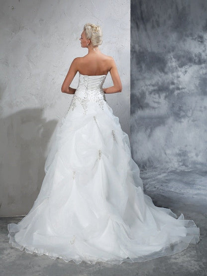 Ball gown strapless beaded sleeveless long organza wedding dress