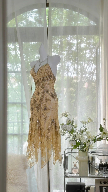 Vintage Sequin Appliques Spaghetti Strap A-line V-neck Irregular Hem Party Dresses Homecoming Dresses, HZ1024