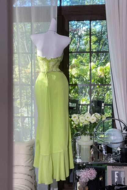 Green Romantic Fairy Exquisite Bead Decoration Long Chiffon Date Dress Party Dress gh6910