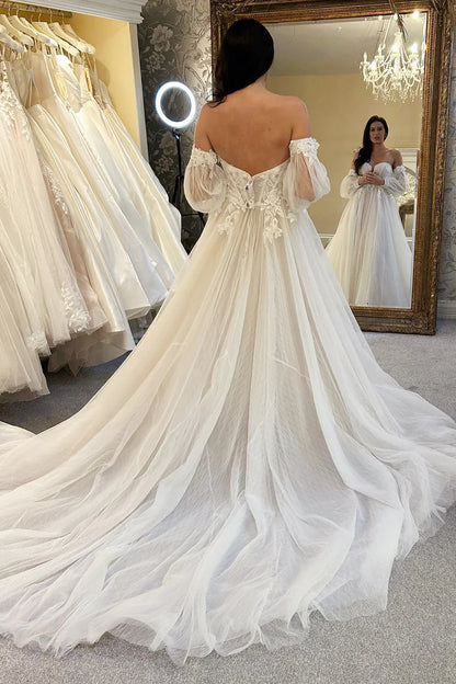 Tulle A-Line Long Wedding Dress with Balloon Sleeves