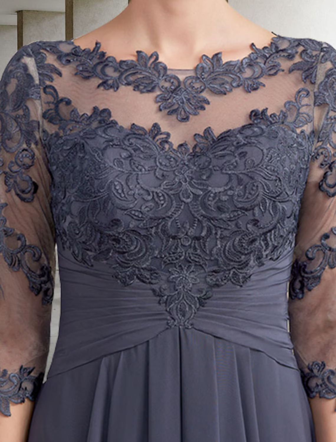 Mother of the Bride Dress Elegant  Floor Length Chiffon Lace Sleeve with Ruched Appliques