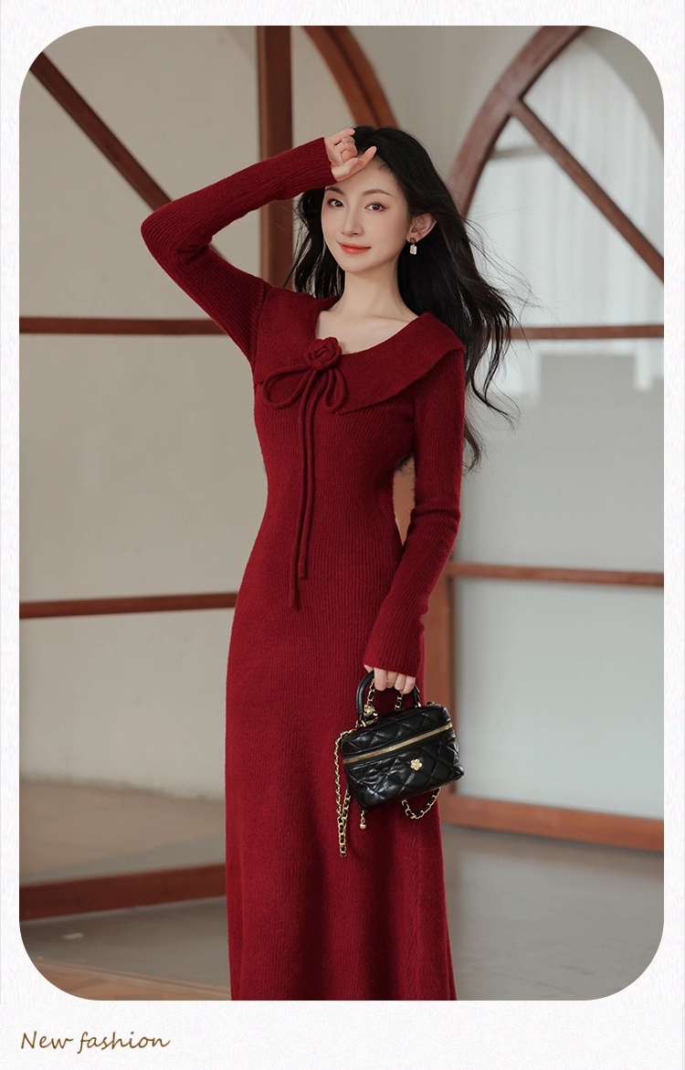 Vintage Burgundy Sheath Prom Dress Long-sleeve Evening Dress Knit Long Formal Dress HZ1024