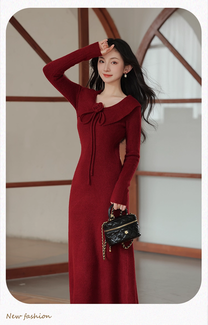 Vintage Burgundy Sheath Prom Dress Long-sleeve Evening Dress Knit Long Formal Dress HZ1024