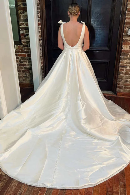 Satin Plunge V Long Wedding Dress with Bows