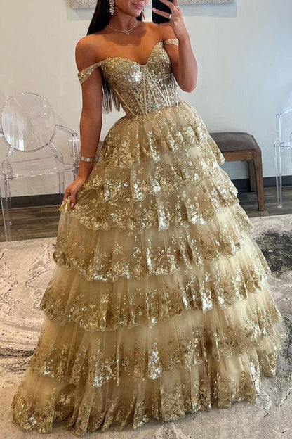 Leona |Princess Off the Shoulder Sequined Lace Prom Dress