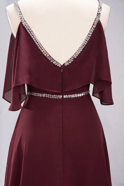 A-line V-Neck Spaghetti Straps Sleeveless Floor-Length Bridesmaid Dresses with