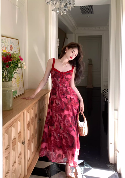 Stylish Red Rose Floral Design Elegant Casual Spaghetti Strap Dress HZ1024