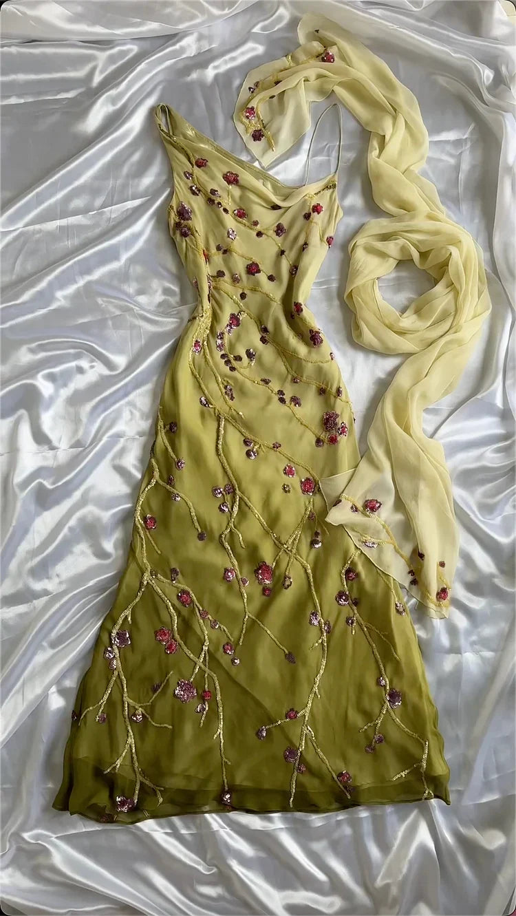 Vintage Ombre Chiffon Embroidery Prom Dress Sheath Spaghetti Strap Evening Dress Long Formal Dress HZ1024