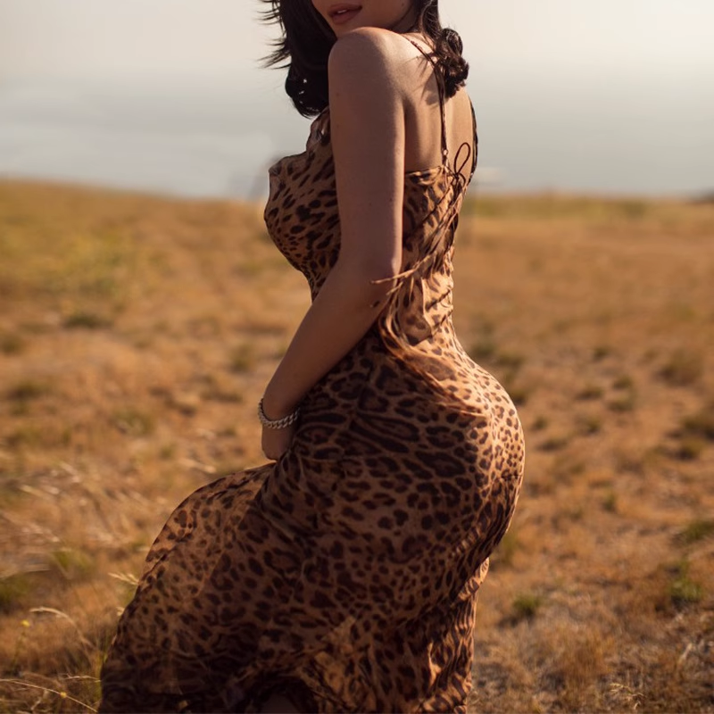 New Fashion Leopard Print Design A-line Spaghetti Strap Women Party Dress HZ1024