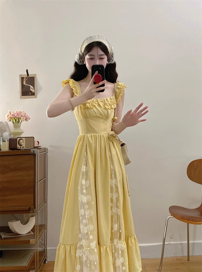 New Simple Fashion Yellow Floral Design A-Line Long Dress HZ1024