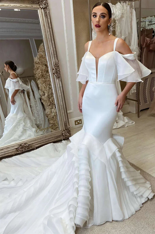 Cold-Shoulder Ruffles Trumpet Long Wedding Dress