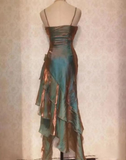 Blue shiny stylish elegant spaghetti straps long satin ball gown evening dress party dress gh3489