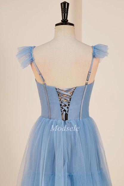 Smoky Blue Tiered A-Line Long Prom Dress with Flutter Sleeves
