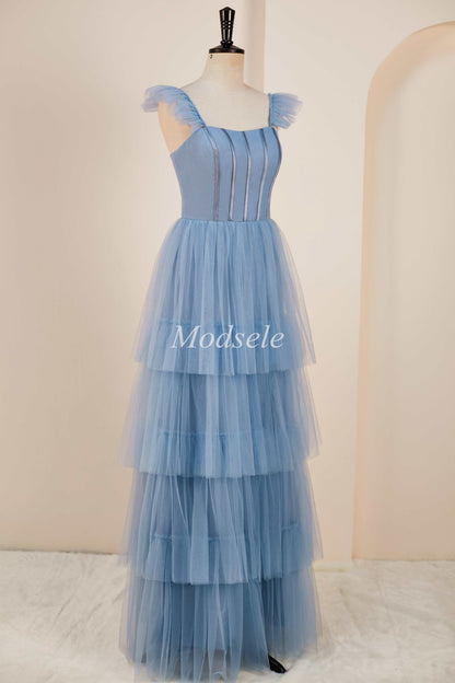 Smoky Blue Tiered A-Line Long Prom Dress with Flutter Sleeves