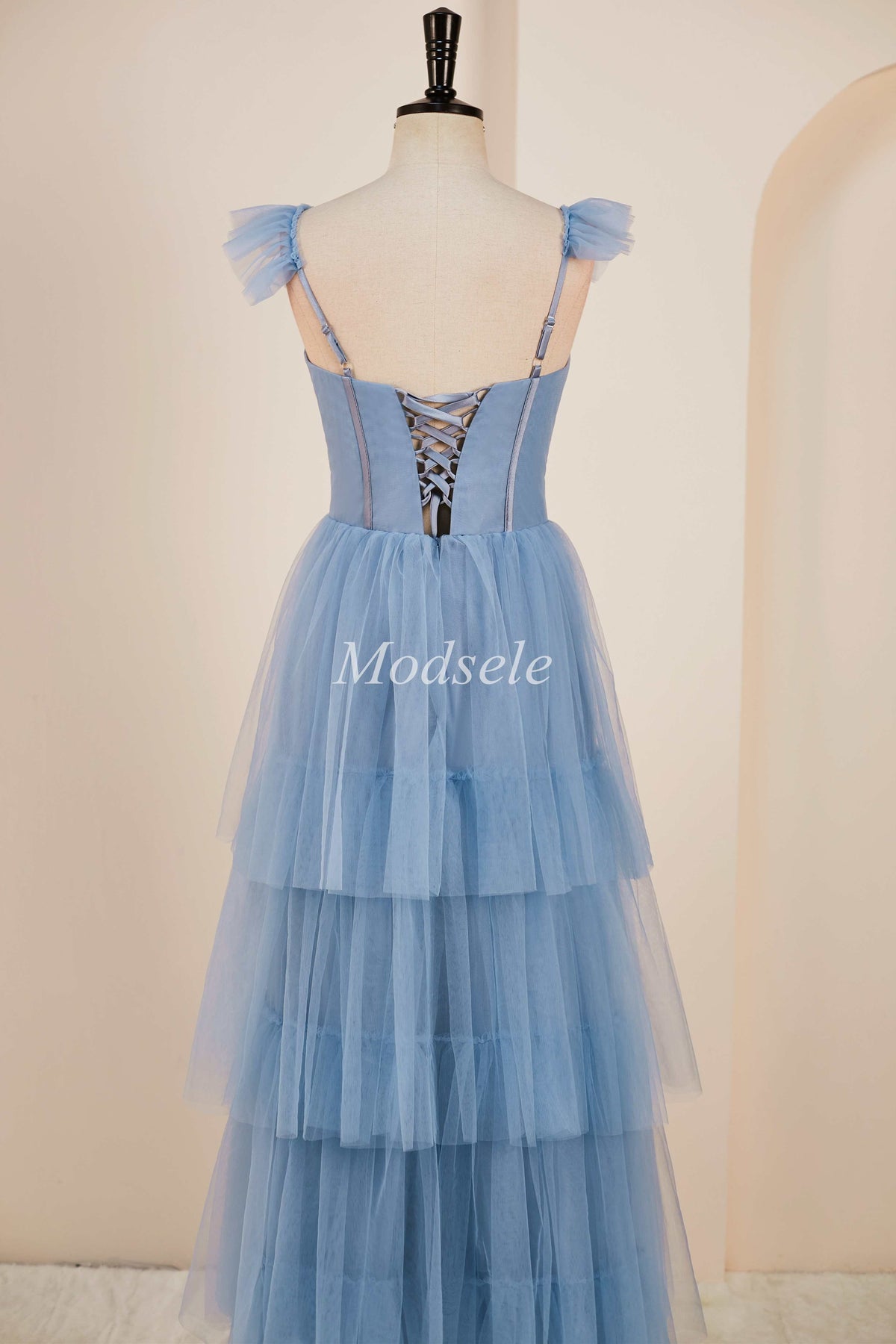 Smoky Blue Tiered A-Line Long Prom Dress with Flutter Sleeves