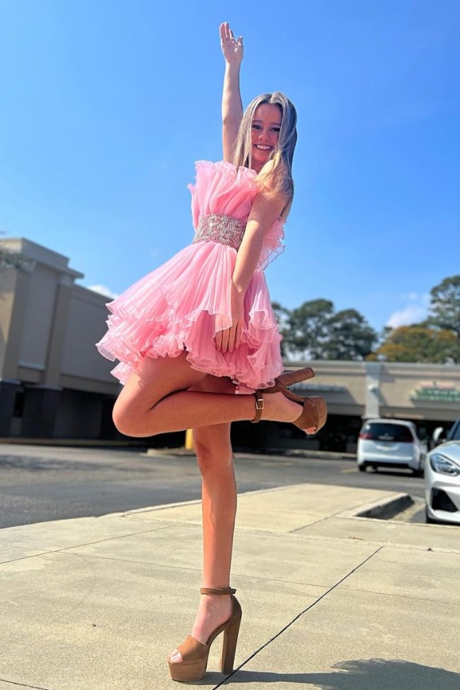 Pink Strapless Ruffle Pleated Short Dress with Beaded Band Waist