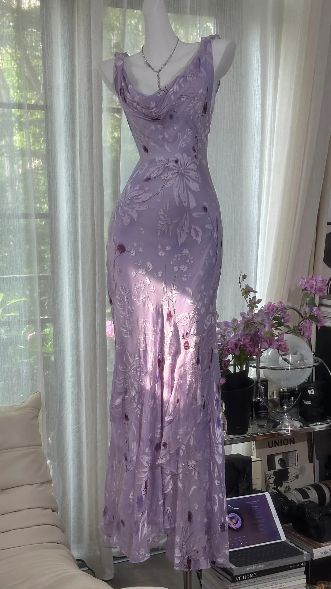 Elegant Purple Mermaid Printed Boat Neck Chiffon Long Prom Dress Evening Dress cc5278
