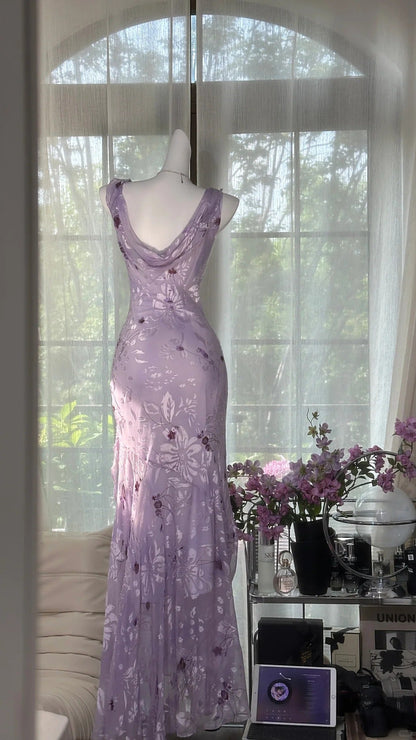 Elegant Purple Mermaid Printed Boat Neck Chiffon Long Prom Dress Evening Dress cc5278