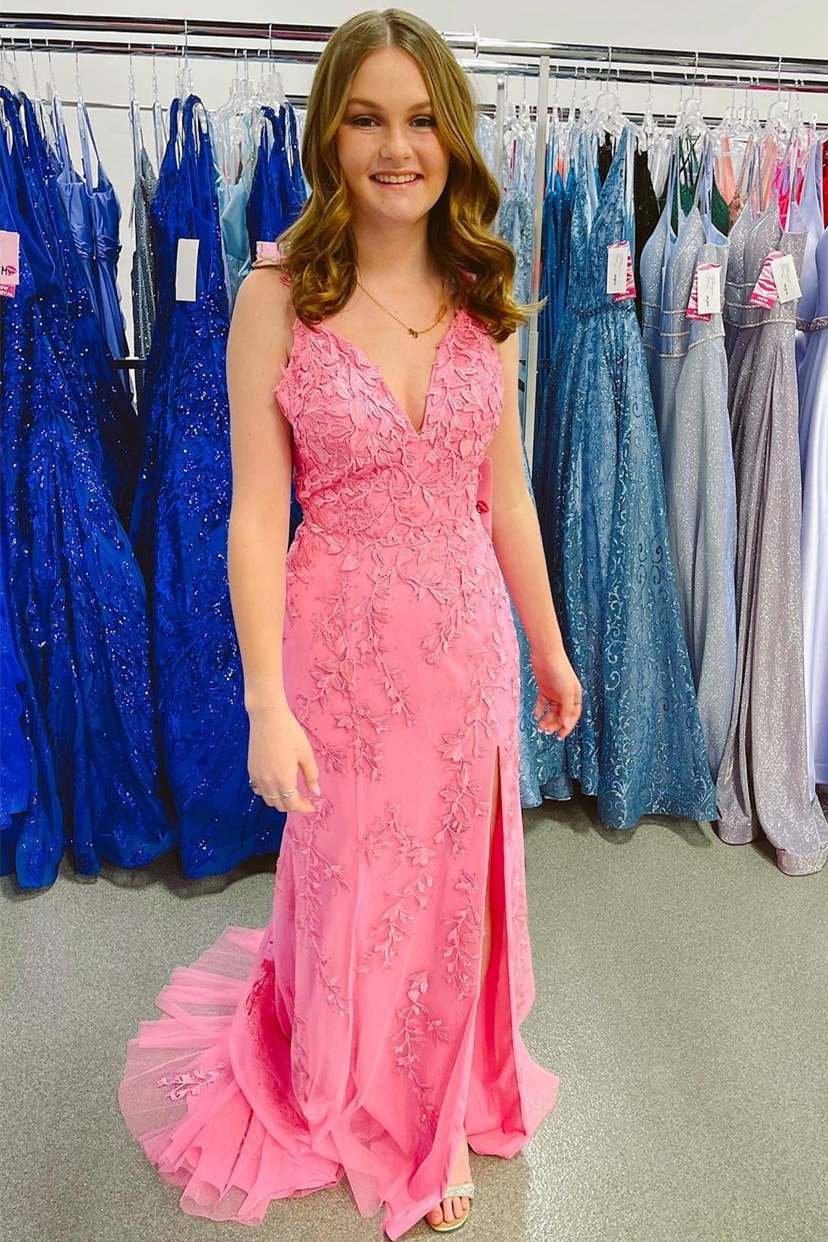 V-Neck Mermaid Sleeveless Lace Appliques Prom Dress with High Slit