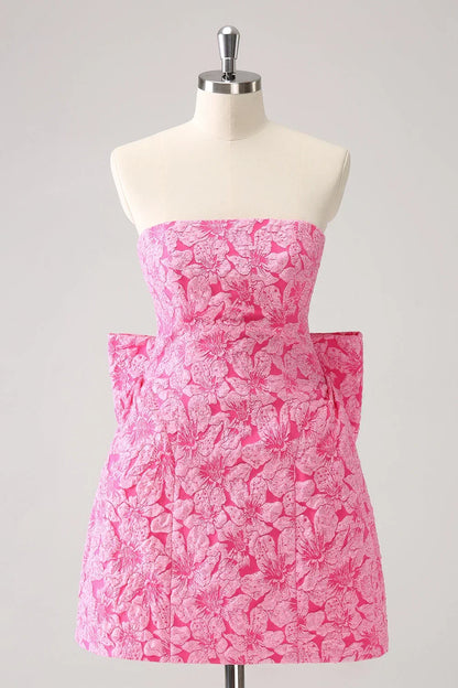 Vintage Rose Pink Bow Design A-line Floral Sleeveless Strapless Homecoming Dress HZ1024