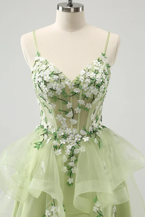Vintage Mint Green Floral Embroidery Design A-line Spaghetti Strap Homecoming Dress HZ1024
