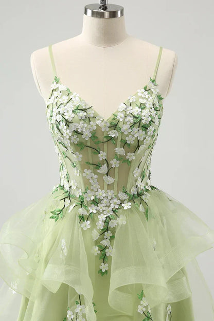 Vintage Mint Green Floral Embroidery Design A-line Spaghetti Strap Homecoming Dress HZ1024