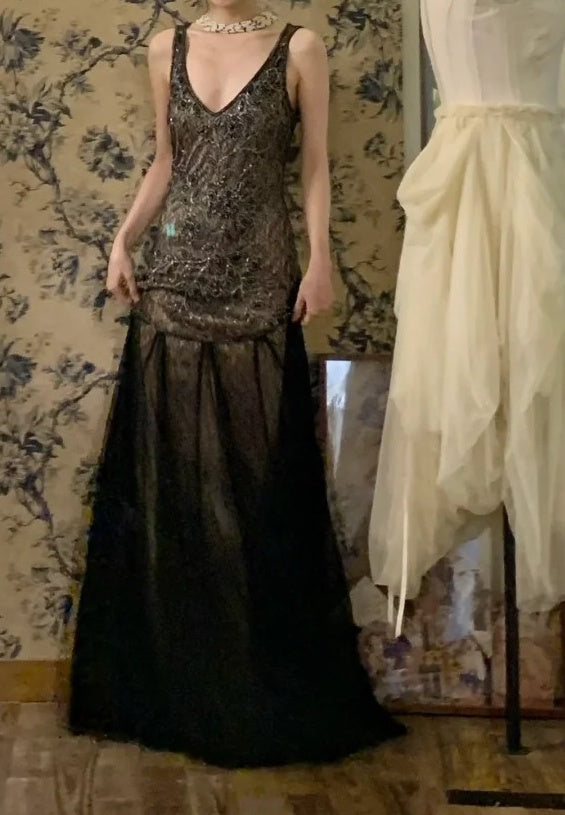 Vintage Prom Dress A Line V-neck Gala Dress Formal Dress Evening Dress HZ0319