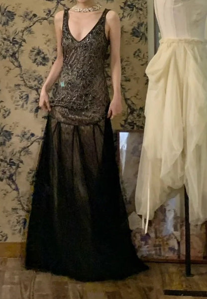 Vintage Prom Dress A Line V-neck Gala Dress Formal Dress Evening Dress HZ0319