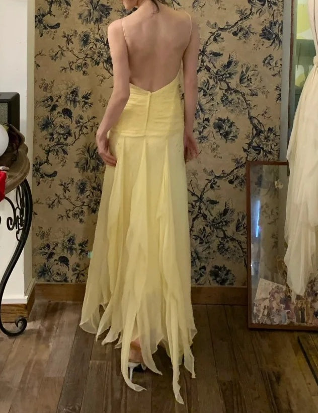 Beauty Prom Dress Light Yellow Spaghetti Straps Pleated Tulle Gala Dress Cocktail Dress Evening Dress HZ0319