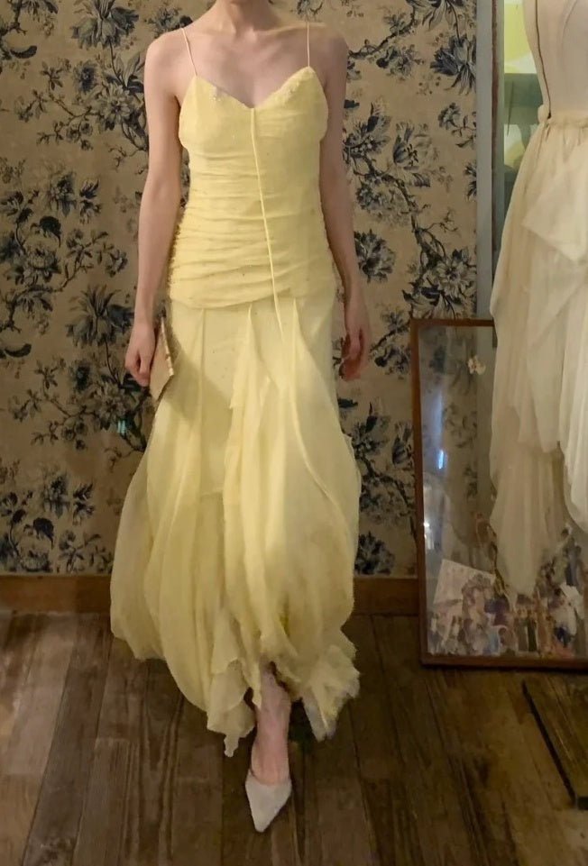 Beauty Prom Dress Light Yellow Spaghetti Straps Pleated Tulle Gala Dress Cocktail Dress Evening Dress HZ0319