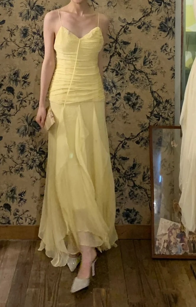 Beauty Prom Dress Light Yellow Spaghetti Straps Pleated Tulle Gala Dress Cocktail Dress Evening Dress HZ0319