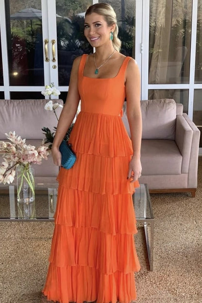 Elegant Straps Square Layered Sleeveless Long Prom Formal Dress