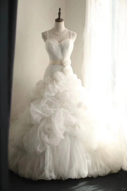 Classy Spaghetti Straps Tulle Ruched White A Line Long Wedding Dress  cc3189