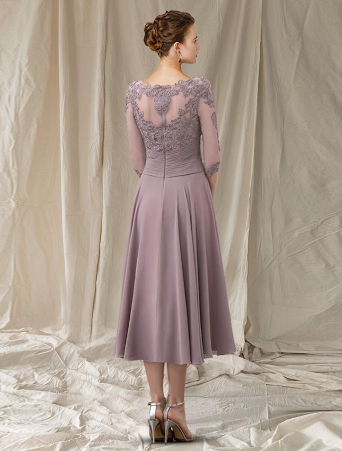 A-Line Mother of the Bride Dress Elegant Tea Length Chiffon Lace Half Sleeve with Pleats Ruched Beading