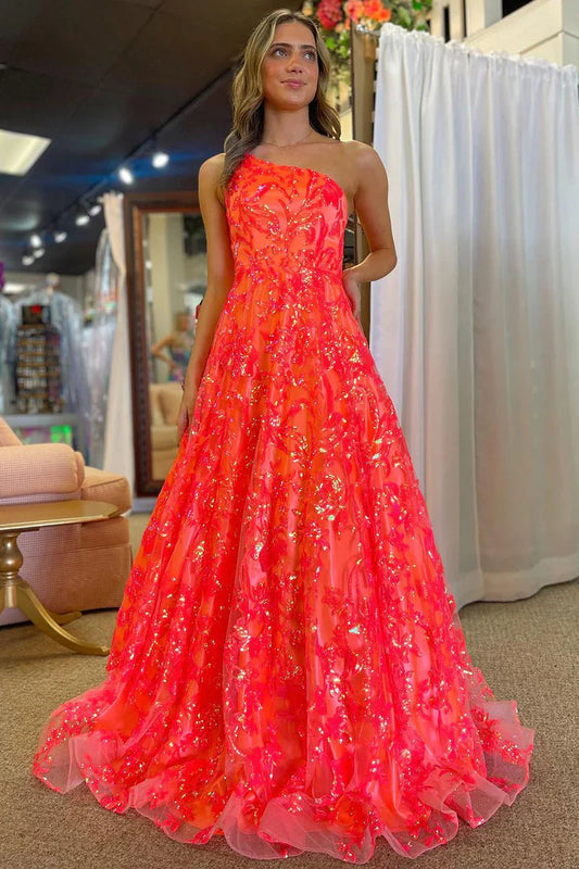 Aimishang A-Line One Shoulder Sequin Lace Long Prom Dresses Floor Length Sparkly Evening Dress