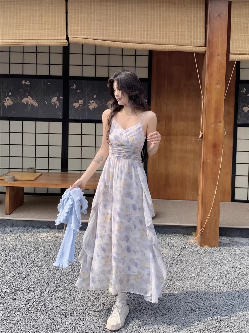 New Fashion Elegant Floral Chiffon Spaghetti Strap Dress HZ1024