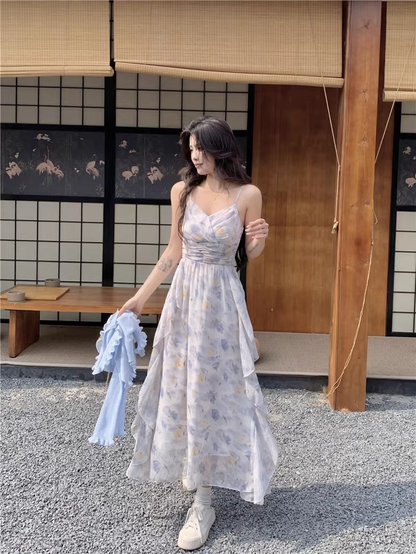 New Fashion Elegant Floral Chiffon Spaghetti Strap Dress HZ1024