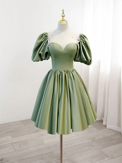 Retro Green Sweetheart Short-sleeved Lace-up Design A-line Satin Party Dress Homecoming Dress HZ1024