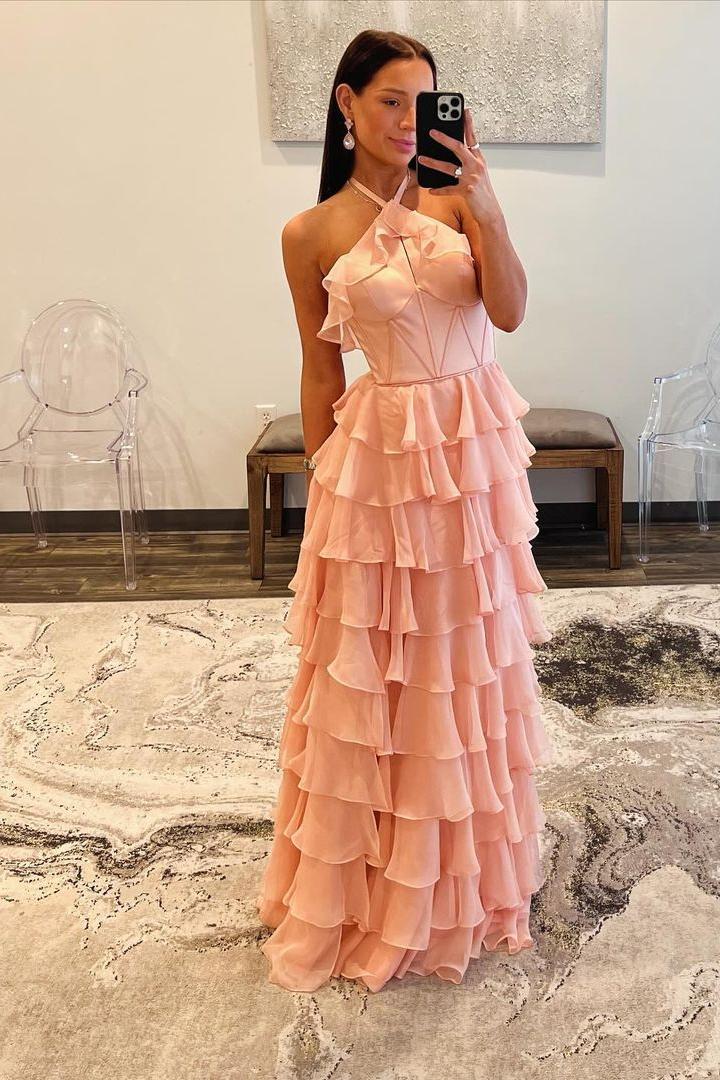 Red Halter Ruffle Tiered Chiffon Prom Dress with Slit