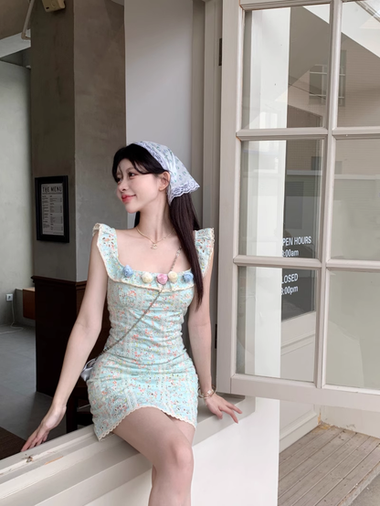 New Fashion 3D Flowers Design A-line Square Collar Floral Dress HZ1024